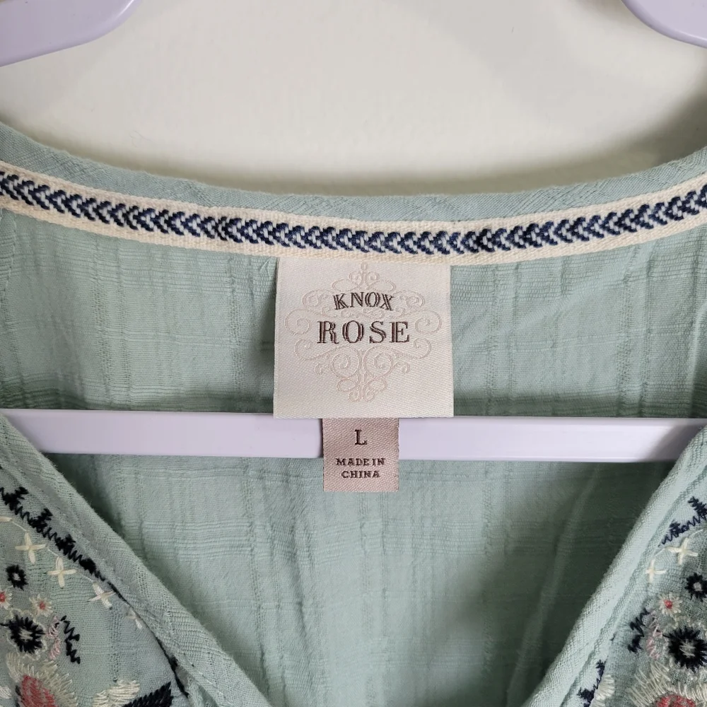 KNOX ROSE Boho Embroidered Gauze Cotton Bobydoll Top L - Picture 7 of 10